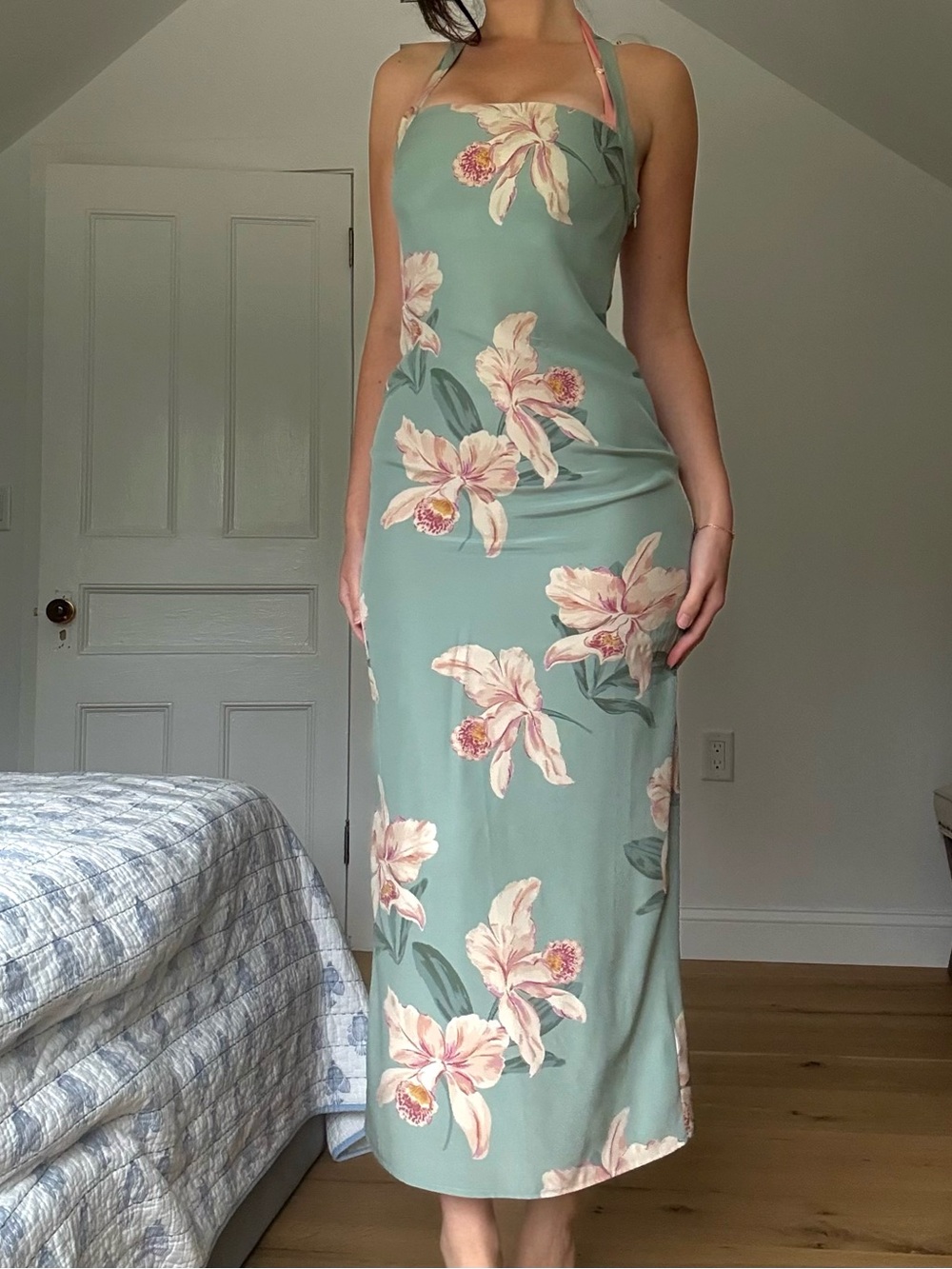 Reformation Green Floral orchid Halter silk Midi Dress